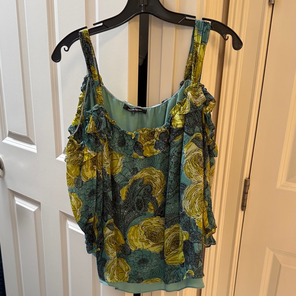 Nanette Lepore Floral Ruffle Blouse - Teal and Yellow